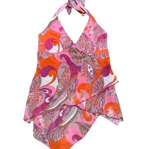 Vintage Y2K Pink Orange Paisley Halter Top Scarf Top Festival Boho small